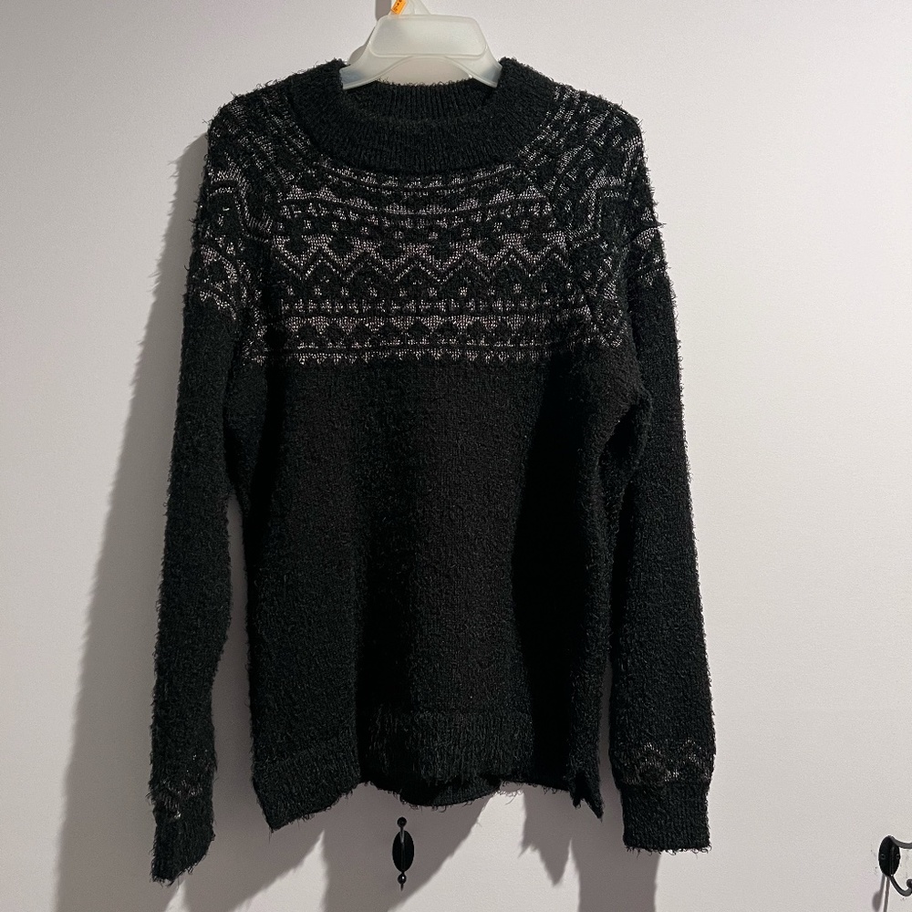 Used Black Fuzzy Crew Neck Sweater with Tribal Print - Cozy